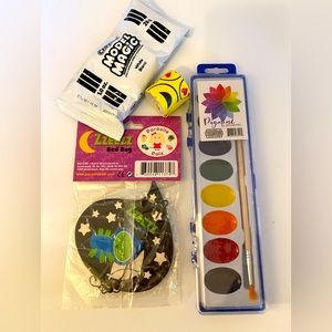 Watercolor paint set, bed bug air freshener, slap bracelet & Crayola model magic